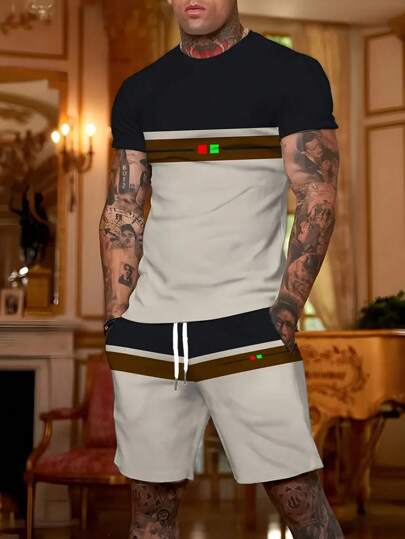 男士休闲涤纶套装 - 圆领 T 恤和短裤套装，条纹拼色印花，轻微弹力针织面料，常规款式，带抽绳和口袋，夏季时尚套装