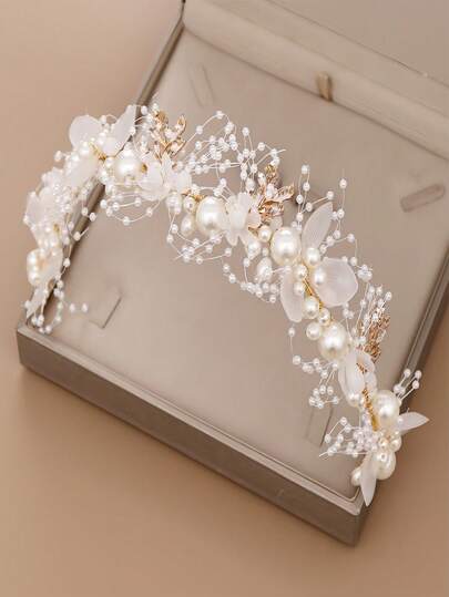 1 Set Corona de flores de perlas falsas + Pulsera, Diadema floral ajustable, Accesorios para el cabello hechos a mano, Corona de flores para la muñeca, Para boda, fiesta, cumpleaños (Blanco, Ajustable) Accesorios del Día de San Valentín