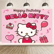Sanrio 授权 1 件蛋糕爱心礼盒 KT 猫生日派对装饰背景横幅卡通主题送礼会完美装饰品卧室挂毯照片背景展台道具 82.7*59.1*39.4/39.4*29.5 英寸