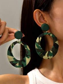 1 Pair Handmade Bohemian Vintage Camouflage Fabric Oval Exaggerated Drop Earrings, Suitable For Casual & Holiday Outfit
