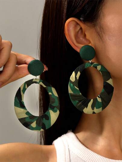 1 Pair Handmade Bohemian Vintage Camouflage Fabric Oval Exaggerated Drop Earrings, Suitable For Casual & Holiday Outfit
