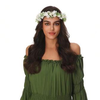 1pc Solid Color Polyester Fiber Boho Floral Wreath Headband, Suitable For Party, Wedding, All Seasons