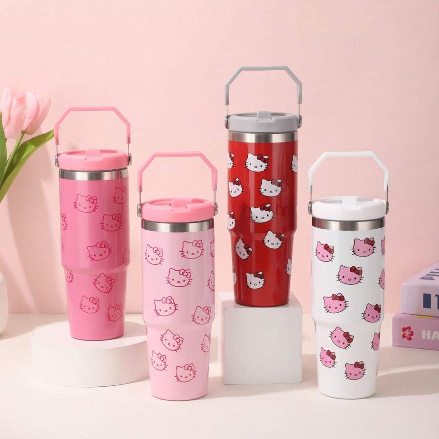 1pc Sanrio Hello Kitty 30 Oz Stainless Steel Insulated Tumbler With Foldable Handle, Reusable Vacuum Travel Mug For Hot/Cold Drinks, Cute Cat Pattern, Ideal For Outdoor, Sports, Fitness, Thanksgiving, Valentine's, New Year Gift, Multipurpose, Round Shape, Hand Wash Only, No Electricity Needed, Suitable For All Ages Back To School