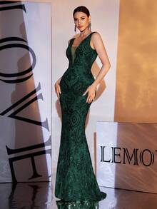 LOVE&LEMONADE 嵌入網紗魚尾裙下擺亮片正式連衣裙 - 墨綠色 - 查看 5