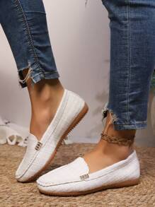 秋冬新款大码春夏四季百搭日常通勤轻便平底一脚蹬鞋,透气亚麻纯色金属扣系带装饰乐福鞋,白色格子图案,休闲女式莫卡辛鞋,女式运动鞋 - 米色 - 查看 3