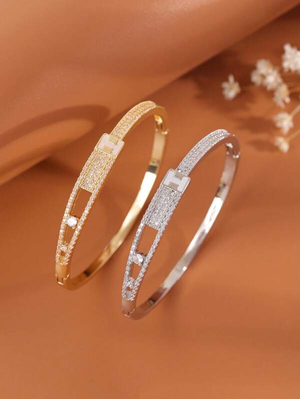 1 peça de pulseira longa de bronze com zircônia cúbica vazada estilo europeu e americano, adequada para uso diário