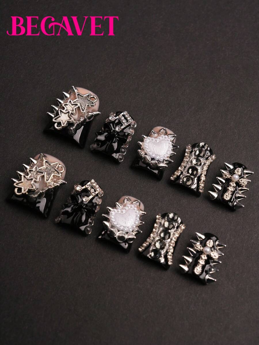 Y2K Begavet New 10Pcs Duck Nails Handmade Salon Quality Press On Nails Black Punk Nails Exclusive Design 3D Nails With 3D Charms, Suitable For Valentine, New Year Parties/Music Festival And Daily Wear Nail Supplies Nails - Black - View 1