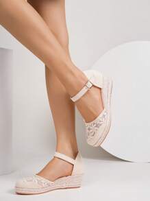 女士时尚网眼杏色透气休闲度假绳带坡跟凉鞋 - 杏色 - 查看 5