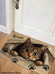 1 Pc Vivid Rectangular Lovely Welcome Cat Pattern Long-Fiber Polyester Door Mat; Machine Washable Carpet;Durable Rug For High Traffic Area; Non-Slip, Stain Resistant & Easy To Care Entryway Area Rug For Living Room, Bedroom,Dining Room, Bathroom, Kitchen, Balcony And More; Crystal Velvet Room Decor Stuff; Ideal Home Decor Stuff Choice