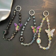 水晶蝴蝶手机挂绳，优雅手工串珠腕带，防丢失手机吊饰 - 彩色 - 查看 6