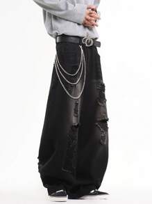 1 件正义兄弟破洞设计休闲宽松阔腿牛仔裤，百搭美式街头风格牛仔裤（不含腰带和配饰） - 黑色 - 查看 4