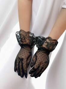 1 双女童透气蝴蝶结网格蕾丝公主网眼蝴蝶结手套，适用于婚纱、照片、舞台表演、公主、生日、花童、礼仪舞蹈、超弹力五指手套 - 1Pair - 查看 5