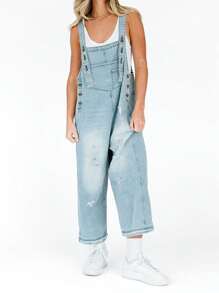 Women Denim Overalls Ripped Jean Jumpsuits Vintage Casual Streetwear Adjustable Strap Baggy Romper With Pockets - 淺藍色 - 查看 1