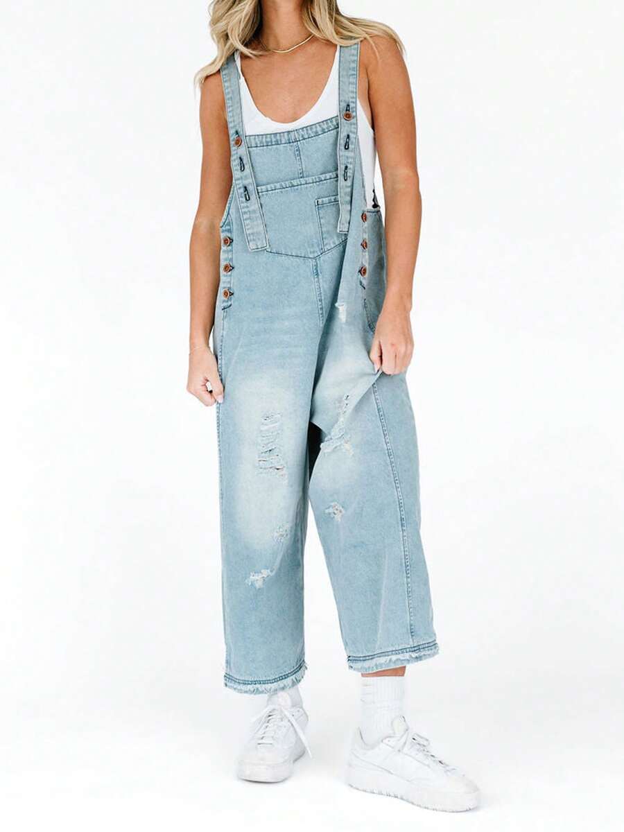 Women Denim Overalls Ripped Jean Jumpsuits Vintage Casual Streetwear Adjustable Strap Baggy Romper With Pockets - 淺藍色 - 查看 1