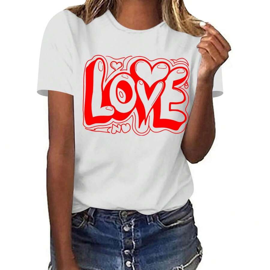 Women Crewneck Print Short Sleeve T-Shirts Summer Valentines Gifts Short Sleeve Tees Loose Fit Graphic Tops 2025 - White - View 1
