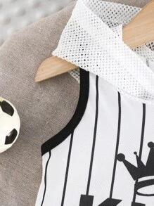 2pcs/Set Baby Boy Casual Sports Beach Style Mesh Sleeveless Hoodie Top With Letter Print & Shorts Set For Summer - Black - View 4