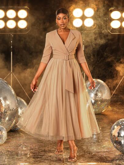 shein elegant dresses Faeriesty Surplice Neck Belted Cocktail Dress Midi Dress, Party Dress, Wedding Guest Dress, Formal Dress, Evening Dress,Gown SHEIN elegant dress perfect for