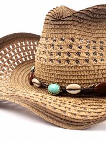 1 pieza Sombrero de sol de paja hueco marrón, gorra de vaquero unisex, adecuado para ocio al aire libre, playa, vacaciones - Sombrero de paja de vaquero occidental - Ver 10