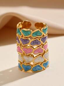 1 pièce Bague dorée rétro à la mode en acier inoxydable, anneaux ouverts en forme de cœur roses, bleus, verts, violets et blancs disponibles au choix, convient pour un port quotidien par les femmes ou comme cadeau - Or jaune - Voir 1