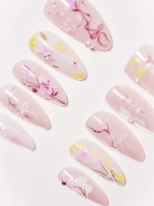 10pcs/Set Reusable Full Cover Almond Shaped Press-On Nails With Cartoon Floral, Branch And Bow Print, Fingertip Sensory Experience