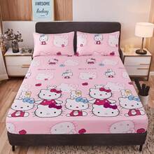 Sanrio 3Pcs/Set (1 Fitted Sheet + 2 Pillowcases) Sanrio Hello Kitty Licensed 1pc Fitted Sheet - Large Size (200X150Cm/78.74X59.05Inch) Elastic Non-Slip Mattress Protector - Cute Cartoon Dust Cover For All Seasons