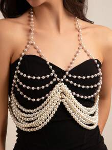1pc Vintage Sexy Bohemian Pearl Bead Chain Fringed Necklace Backless Bikini Chain Top, Fashion Accessory Suitable For Women
