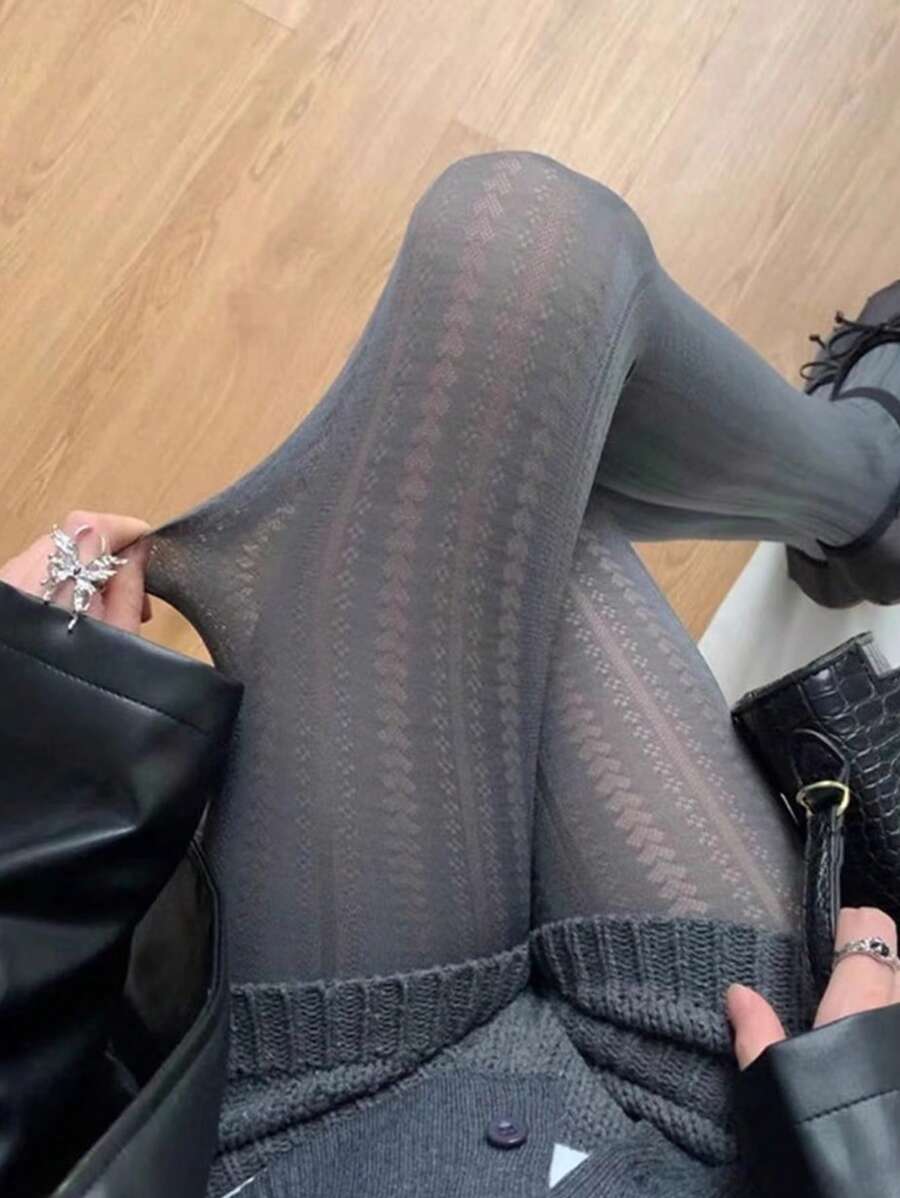 1 件女士弹力修身高腰紧身裤、半透明打底裤袜、时尚简约长袜，适合所有季节 - 彩色 - 查看 1