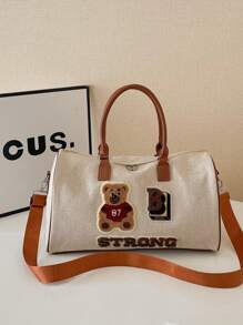 Cartoon Embroidery Unisex Short Trip Bag, Fashion Large Capacity Travel Duffle Bag For Commute, Work, Weekend Getaway, Maternity Tote Bag, Cute Bear Students Lightweight Gym Bag, Khaki, Fits Trolley