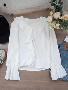 Women's V-Neck Ruffle Trim Long Sleeve Blouse, French Style Delicate Elegant Flared Sleeve Design Tops For Spring & Summer - White - View 7