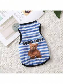 条纹卡通印花宠物背心衬衫，透气狗/猫衣服薄款无袖背心 - 藍色 - 查看 13