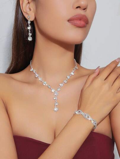 4 Pieces/Set Of Elegant Crystal Rhinestone Jewelry Sets - Earrings And Necklaces, Bracelets - Suitable For Women's Daily Wear, Weddings, Parties, Etc.