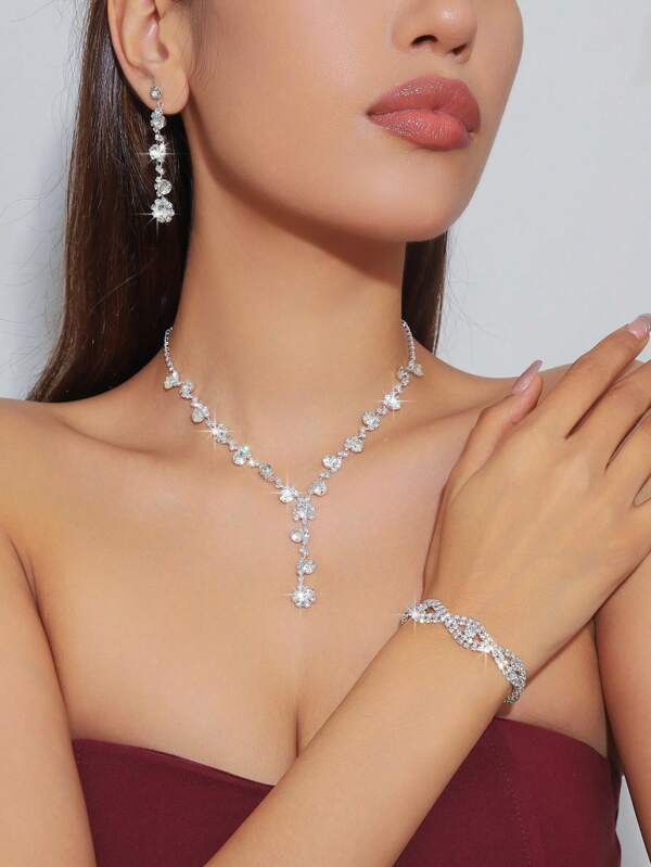 4 Pieces/Set Of Elegant Crystal Rhinestone Jewelry Sets - Earrings And Necklaces, Bracelets - Suitable For Women's Daily Wear, Weddings, Parties, Etc.