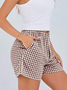 Women's Boxer Shorts Summer Dopamine Casual Home Sleeping Plaid Pj Button Front Y2K Plaid Pajama Shorts - Coffee Brown - View 4
