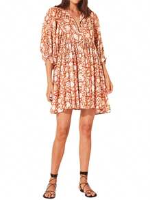 Women Mini Dress, Half Sleeve Lacing Flower Print Pleated Loose Summer Dress For Casual Daily - 米色 - 查看 3