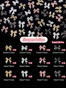 120 Piezas de encantos y gemas para uñas de aleación con lazo, encantos de metal con lazo en color plateado, dorado y negro para diseño de uñas, joyería de uñas lujosa y brillante con lazos lindos para accesorios de manicura