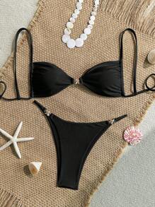 Women's Sexy Bikini 2 Pieces Set, With Glossy Accessories And Special Fabric - Black - View 1