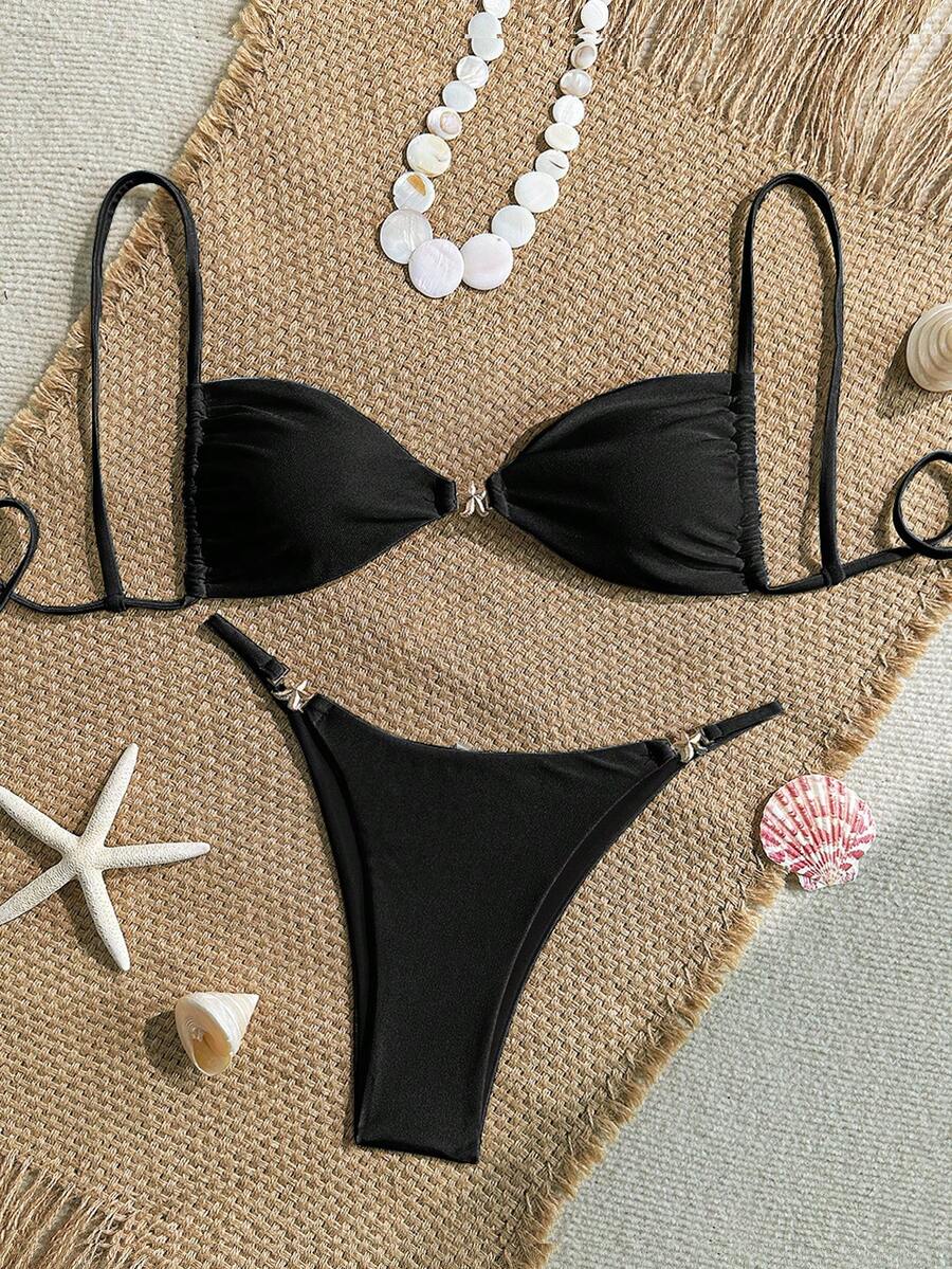 Women's Sexy Bikini 2 Pieces Set, With Glossy Accessories And Special Fabric - Black - View 1