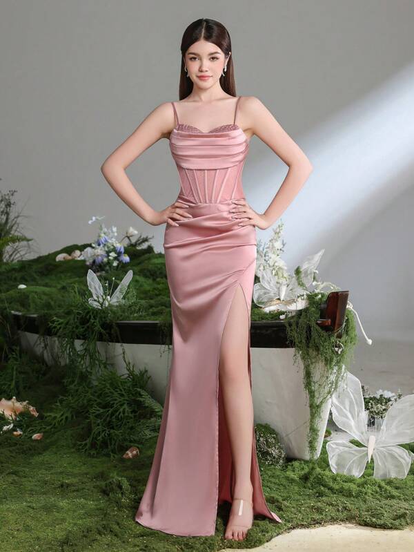 Teen Girl Elegant Evening Gown Dress With Spaghetti Straps & High Slit Pleated Mermaid Silhouette Formal Dress