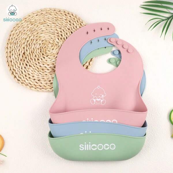 SILICOCO 1pc Adjustable Kids/Babies Silicone Bib, Soft Saliva-Absorbent Feeding Bib For Baby Solid Food Learning