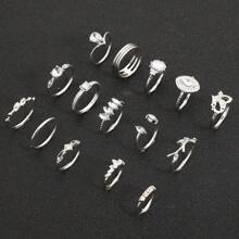 15pcs Bohemian Love Maple Leaf Rhinestone Rings, Gift For Women - Silver - View 13
