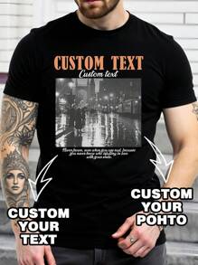 Customizable Graphic T-Shirt For Men - Input Your Text/Blessing/Message/Interesting Content, Upload Your Photo/Couple/Best Friend/Pet/Landscape/Family, Customize Black T-Shirt Top For Spring/Summer, Valentine's Day, Holiday Gift, Anniversary Gift, Company Team Building Uniform, Music Festival, Gift For Him, Men's Black Short Sleeve Round Neck T-Shirt, Party Wear - Black - View 1