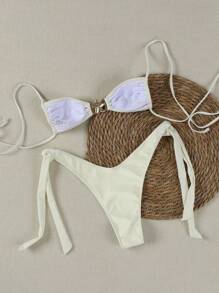 新款春夏女士性感休闲白色抹胸系带比基尼套装，适合海滩度假派对约会 - 白色 - 查看 3