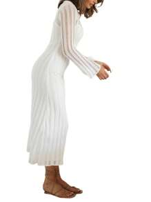 Womens Summer Beach Dress Casual Long Sleeve Round Neck Hollow Out Solid Color Knit Dress - 白色 - 查看 6