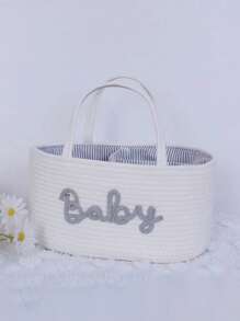 1pc Letter Baby Woven Diaper Storage Basket With Removable Dry-Wet Separation Lining, Carrying Basket Mommy Bag