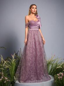 Anpoket New Arrival One Shoulder Elegant Evening Gown Dress Pearls Beaded Ruched Bow Ruffle Mesh Long Dress,Party Dress,Formal,Wedding Guest - Purple - View 3