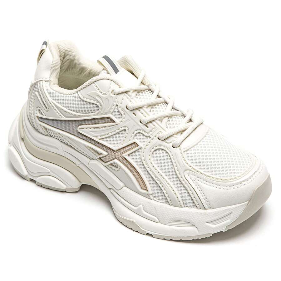 Lace-Up Thick Sole Sneakers With Padded Collar And Breathable Panels - Beige - View 1