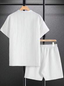 Men's Comfortable Jacquard Fabric Polo Collar Short Sleeve Top And Drawstring Shorts 2 Pieces Casual Set
