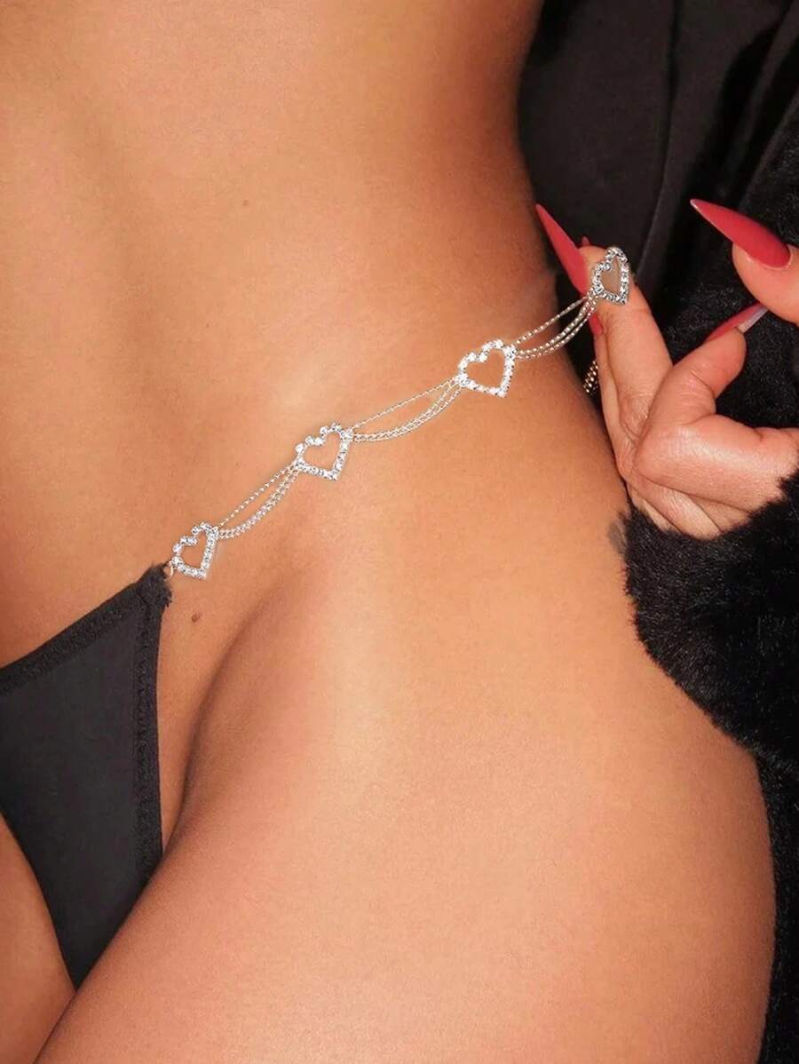 1pc Rhinestone Heart Designed Thong Panty, Sexy Lingerie Bikini Body Chain - Silver - View 1