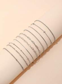 10pcs/Set Gelang Rantai Mutiara Minimalis Modis untuk Wanita, Rantai Ular Pipih, Rantai Klip Kertas, Aksesori Serbaguna (Dipotong Sesuai Panjang, Bukan Jumlah Manik-manik) - Perak - View 4