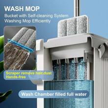 JOYMOOP - Juego de fregona y cubeta con escurridor, con Manos Libres, 3 Almohadillas para Orejas de Microfibra Lavables, Uso en húmedo y, Sistema de Limpieza de Suelos - blanco - Ver 3